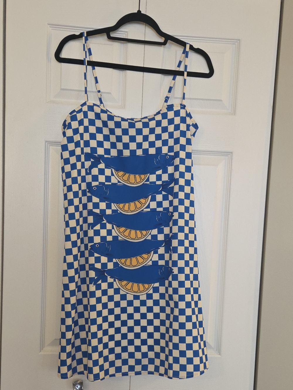 Blue & White Checkered Fish Graphic Slip Dress